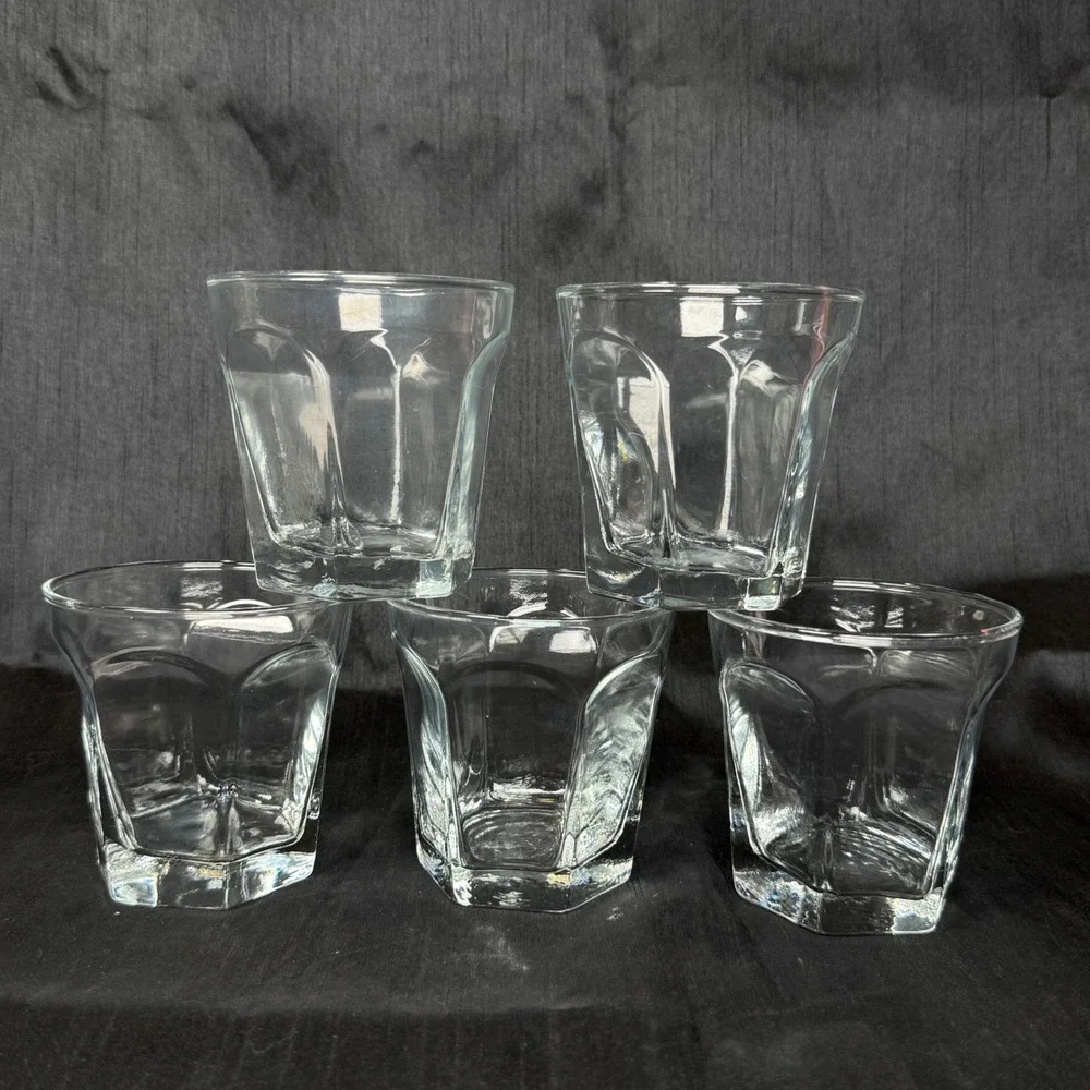 Vintage Anchor Hocking Courtney Set of 5 Glasses Hexagon Paneled Retro Barware